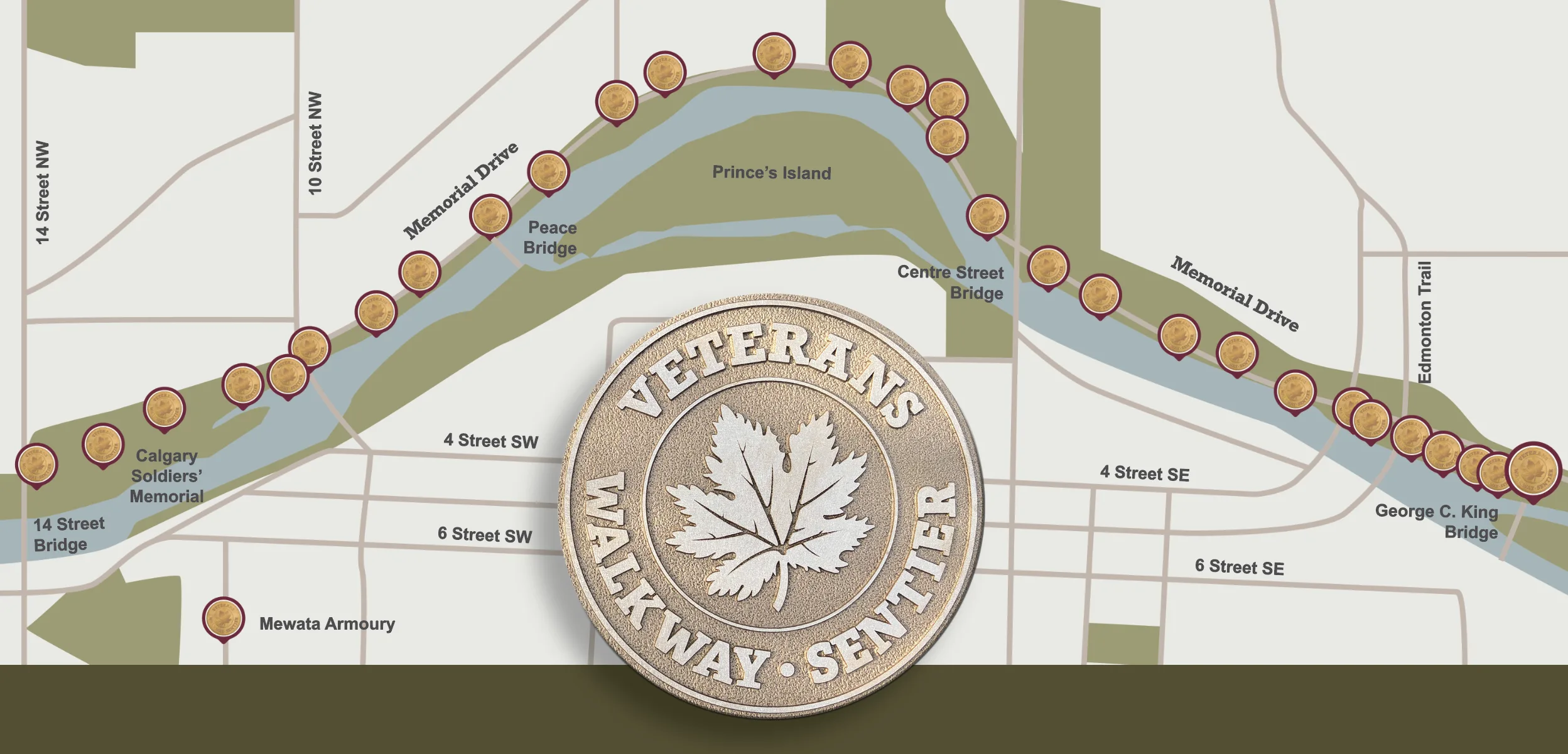 Map of the Veterans Walkway along Memorial Drive, from Mewata Armoury and the 14 Street Bridge past the Peace and Centre Street bridges to the George C. King Bridge, with a pin for each medallion